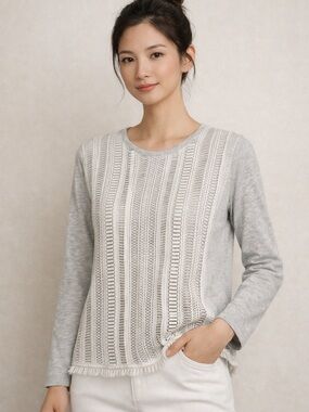J. Crew Crochet Front Grey Pullover